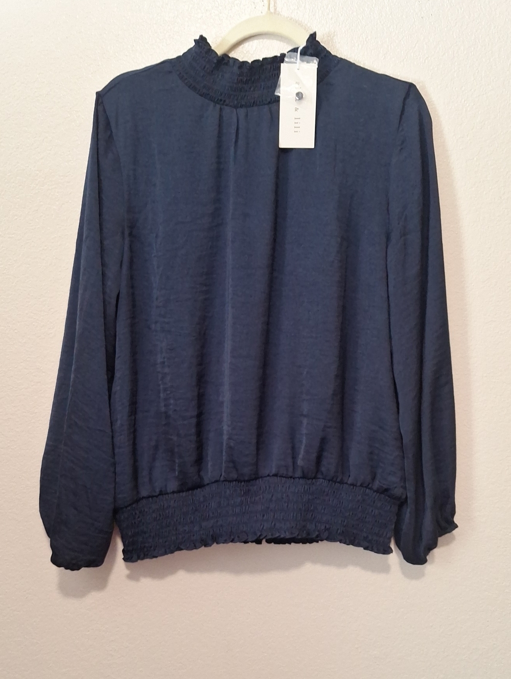 Women's Navy Smocked-Neck Long Sleeve Blouse, Large